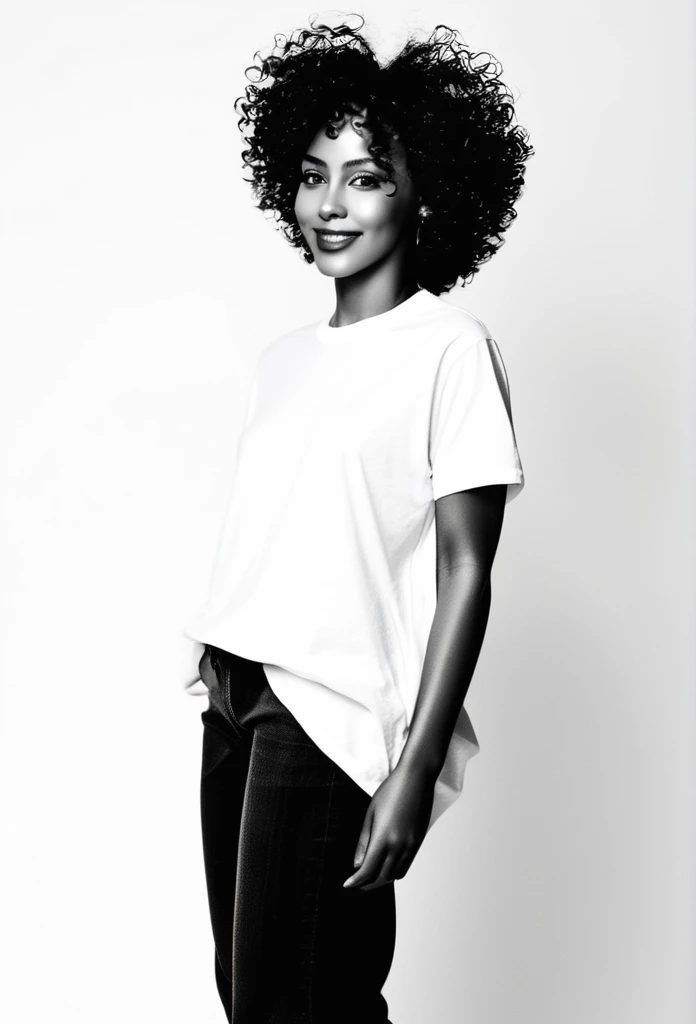 A african mixed model with brown skin is shown in a minimalist black and white photograph, posing in profile, tee shirt oversize, wearing short baggy jeans. Her head is tilted back, natural poses, 
Curly hair flowing freely, cherry lip,almond eyes, joyful smile.background white,beautiful natural features