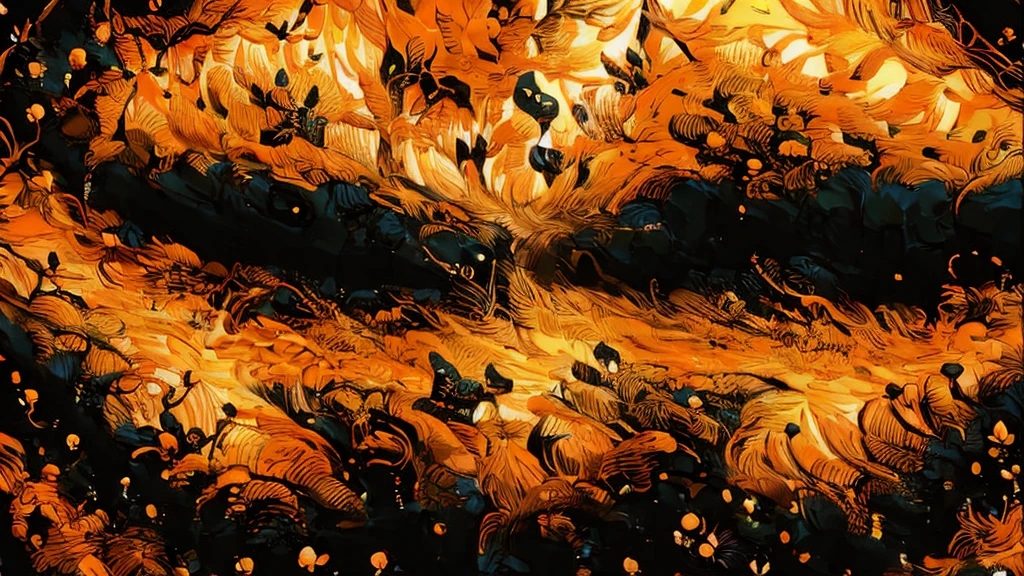 an orange and black image with several small flowers scattered throughout the image with highly detailed orange and black tones ,8K ,ultra HD , 