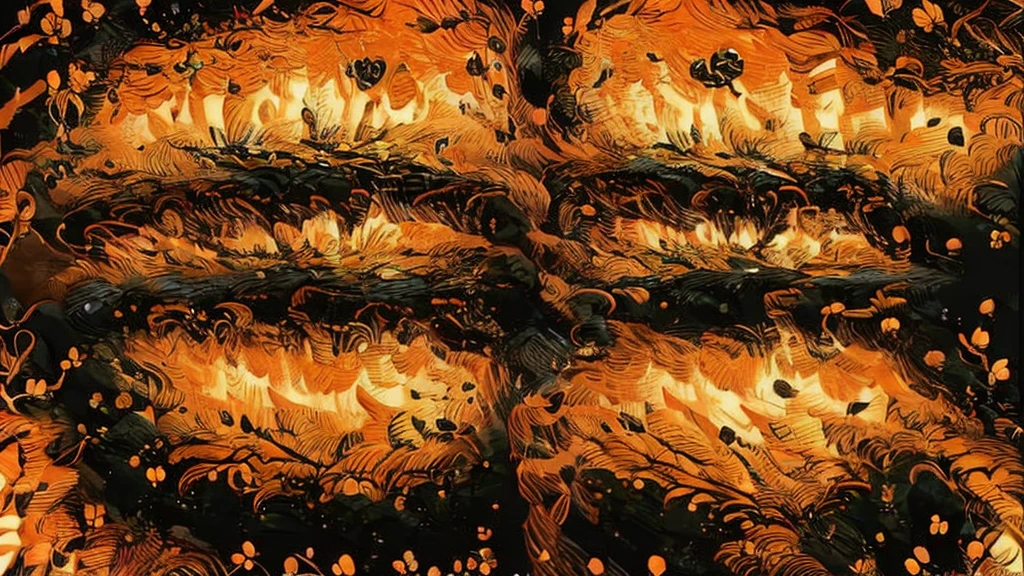 an orange and black image with several small flowers scattered throughout the image with highly detailed orange and black tones ,8K ,ultra HD , 