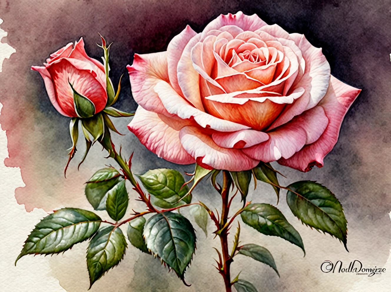 rose watercolor, psd a5, realistic style, oscar dominiguez, holotone printing