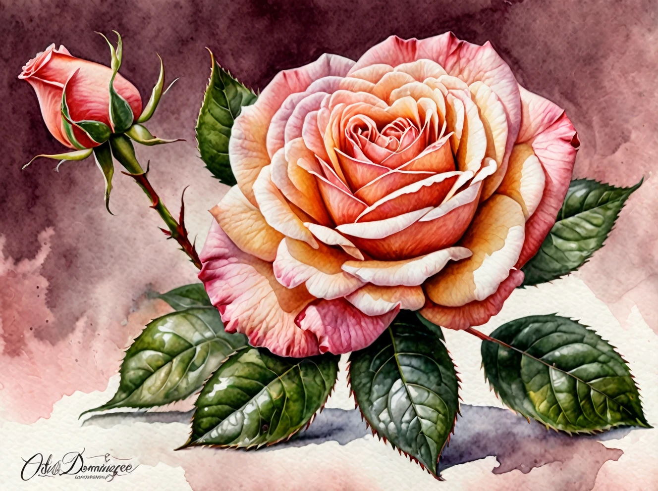 rose watercolor, psd a5, realistic style, oscar dominiguez, holotone printing