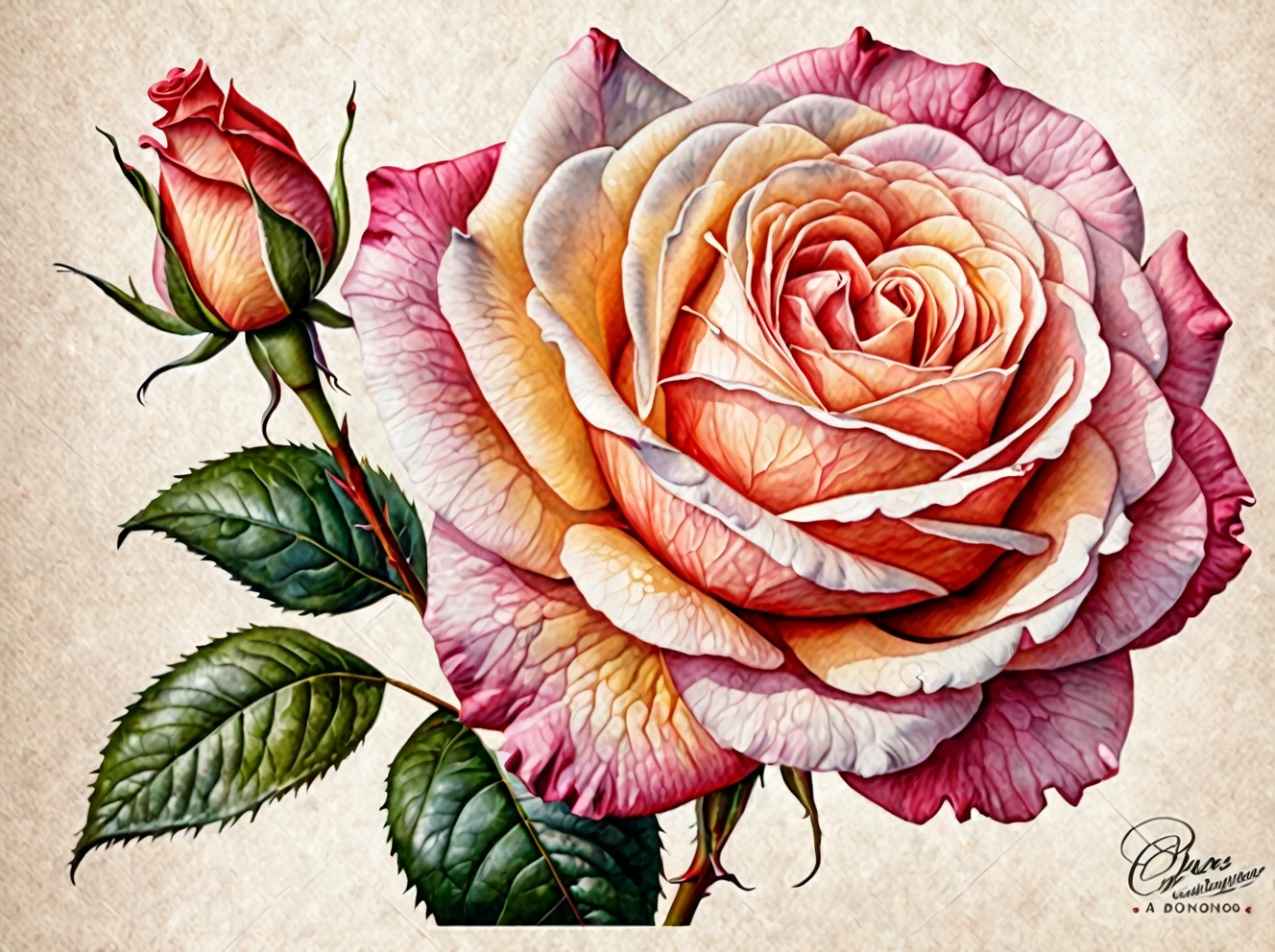 rose watercolor, psd a5, realistic style, oscar dominiguez, holotone printing