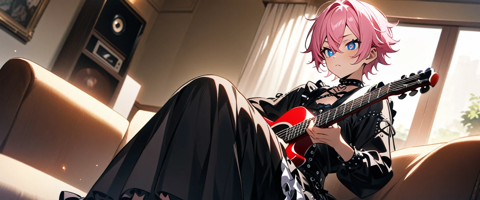 (((masterpiece,Highest quality))),(((A beautiful male anime character in drag with short pink hair and blue eyes wearing a punk lolita style visual kei outfit, holding a guitar))),((He is sitting with his guitar in his arms)),(((He is looking at me with a sulky expression,Heart mark in the eyes))),(((Western-style living room))),Focus on the whole body,(high quality),アニメ