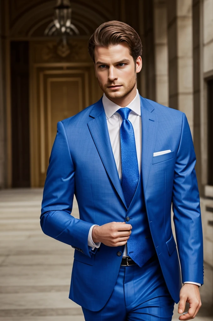 Generate my person in a royal blue suit with a light blue shirt and silver tie 