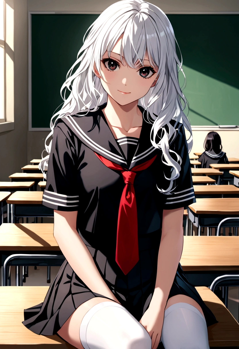 A girl with wavy white hair, black eyes, wearing a black sailor fuku with a red tie and long white stockings Sitting in a classroom with a smile and a serious look