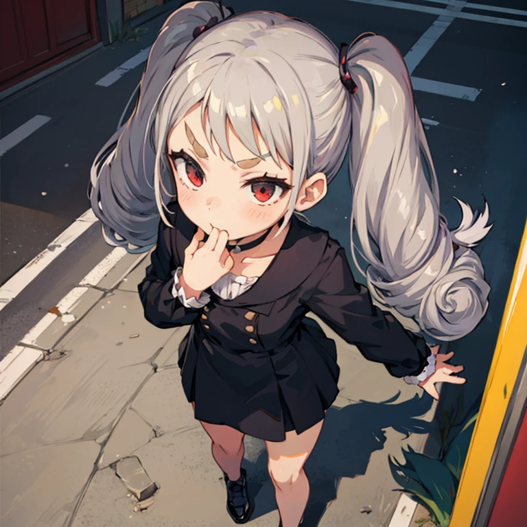 Young girl with grey hair, ((fringed and curly hair)),((curly short twintail)), curly hair ,(red eyes),, ((small bushy eyebrows)), wearing gothic lolita clothing, lolicon , walking to school, bored look, bored face,,  cum bubbling out her mouth, in a street, girl giving a  handjob to a naked male with a hand , standing in a street