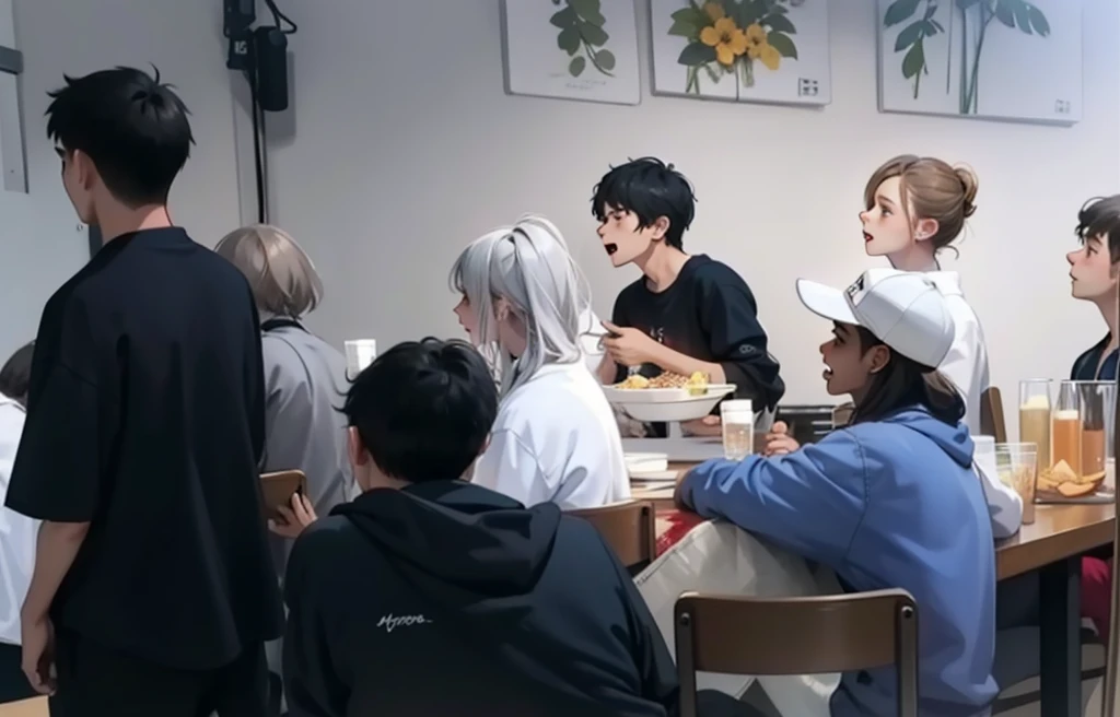 There is a group of agers at a party, some are eating and others are singing.