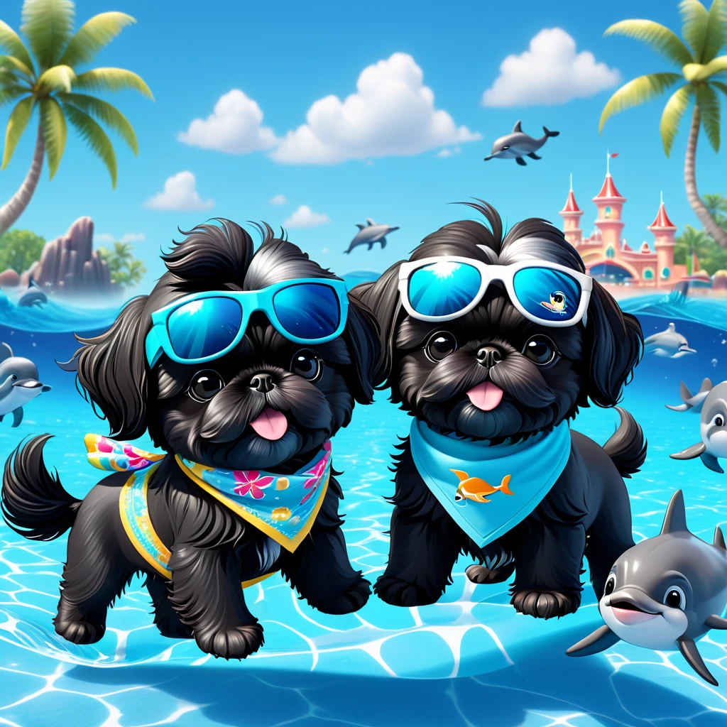 2 Adorable small black Shih Tzu puppies wearing bright bandannas and sunglasses swimming with dolphins Disney background 3d cartoon 3d render disney pixar style