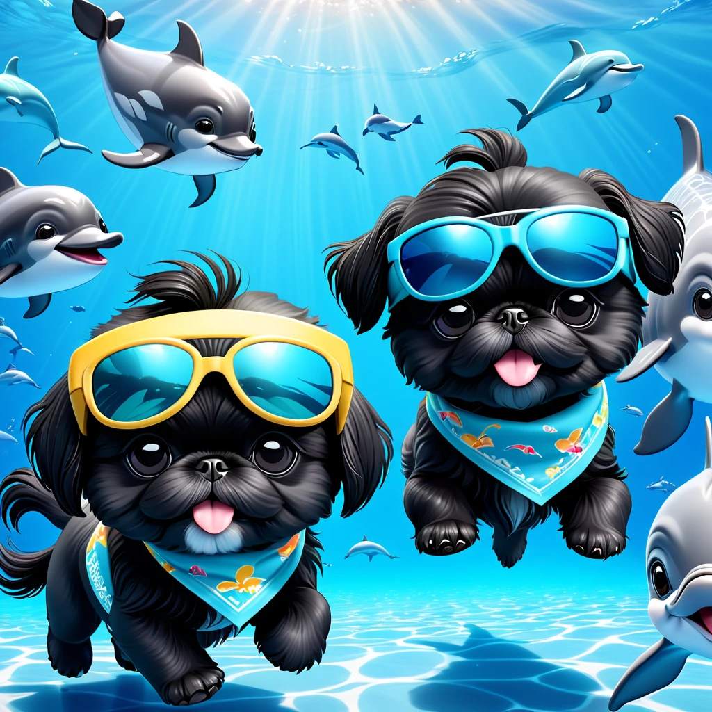 2 Adorable small black Shih Tzu puppies wearing bright bandannas and sunglasses swimming with dolphins Disney background 3d cartoon 3d render disney pixar style