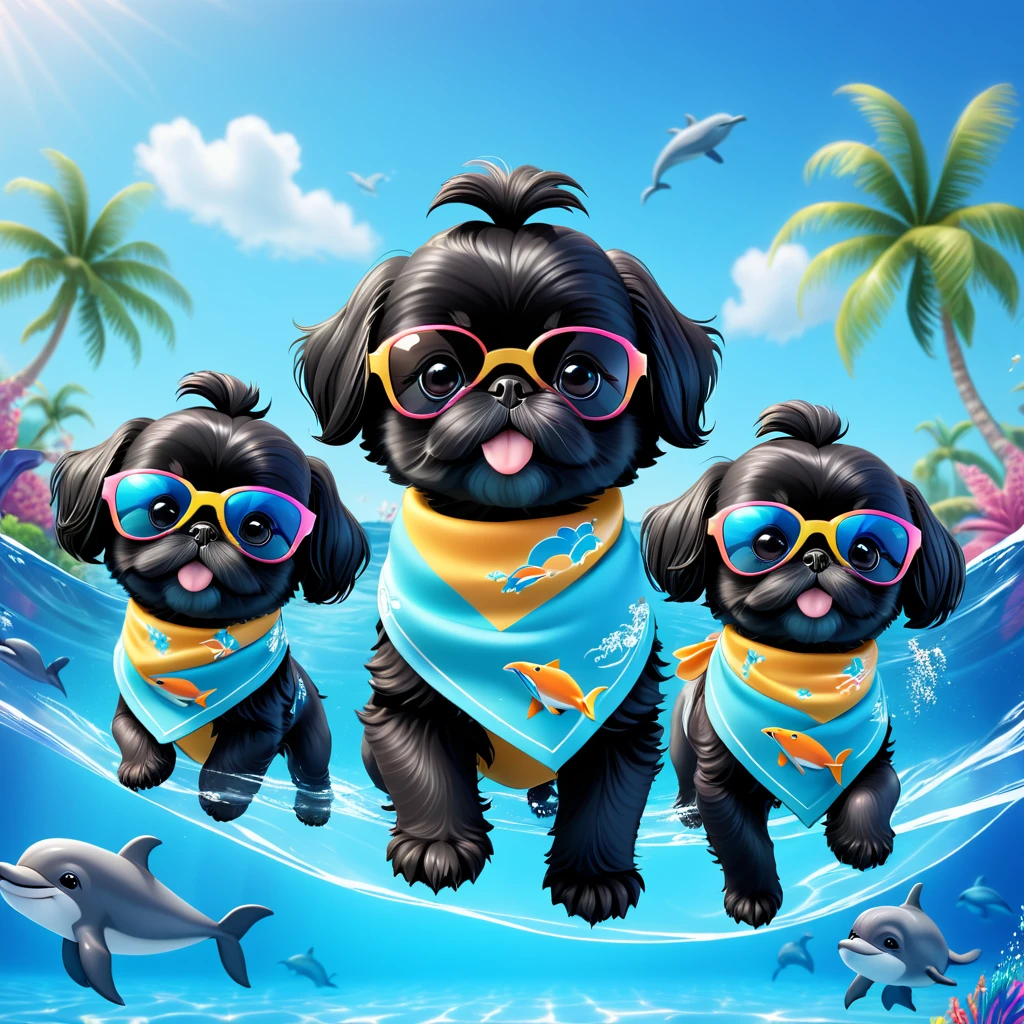 2 Adorable small black Shih Tzu puppies wearing bright bandannas and sunglasses swimming with dolphins Disney background 3d cartoon 3d render disney pixar style