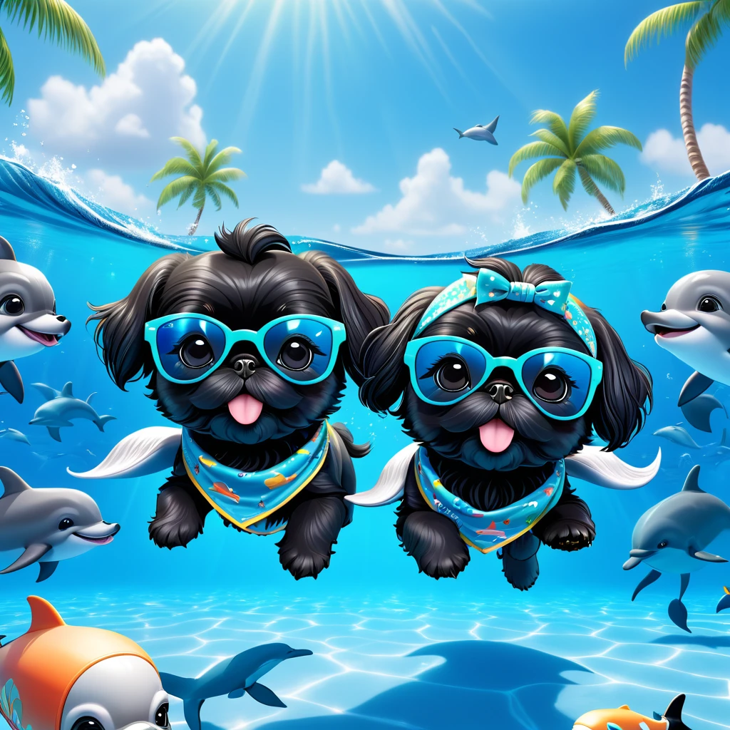 2 Adorable small black Shih Tzu puppies wearing bright bandannas and sunglasses swimming with dolphins Disney background 3d cartoon 3d render disney pixar style