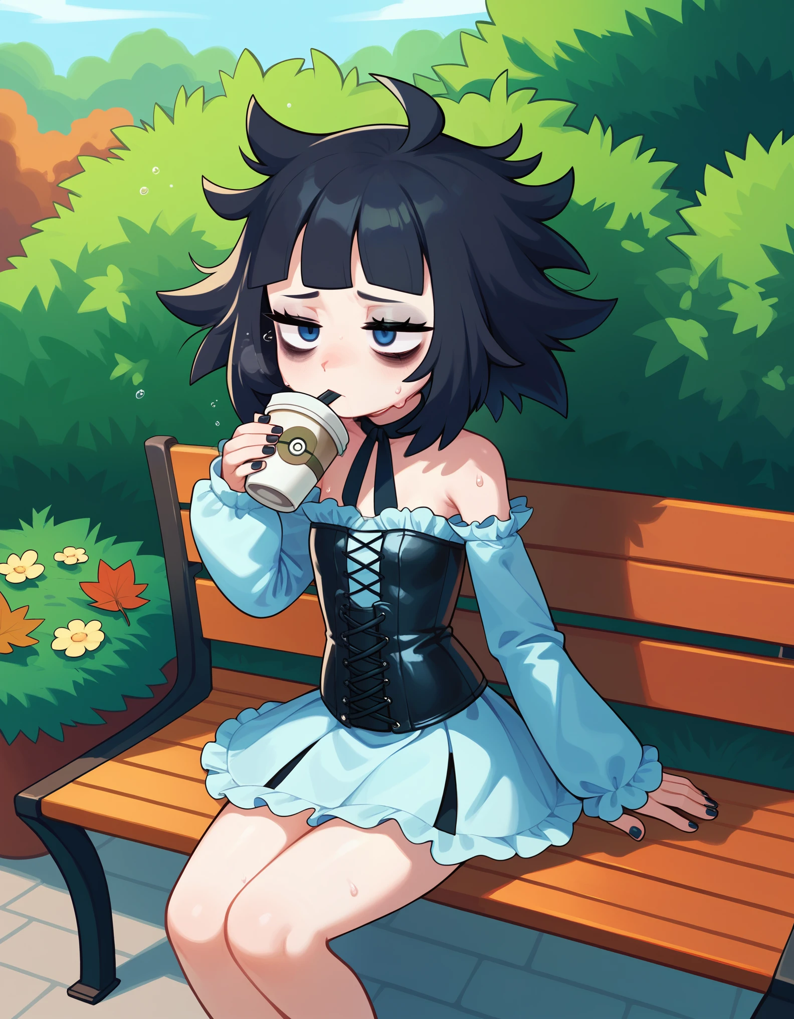 solo, gothLillie (Pokemon), leather corset, sitting, bench, outside, garden, autumn, naughty, bratty, bags under eyes, messy hair, exhausted, sweat, drinking coffee