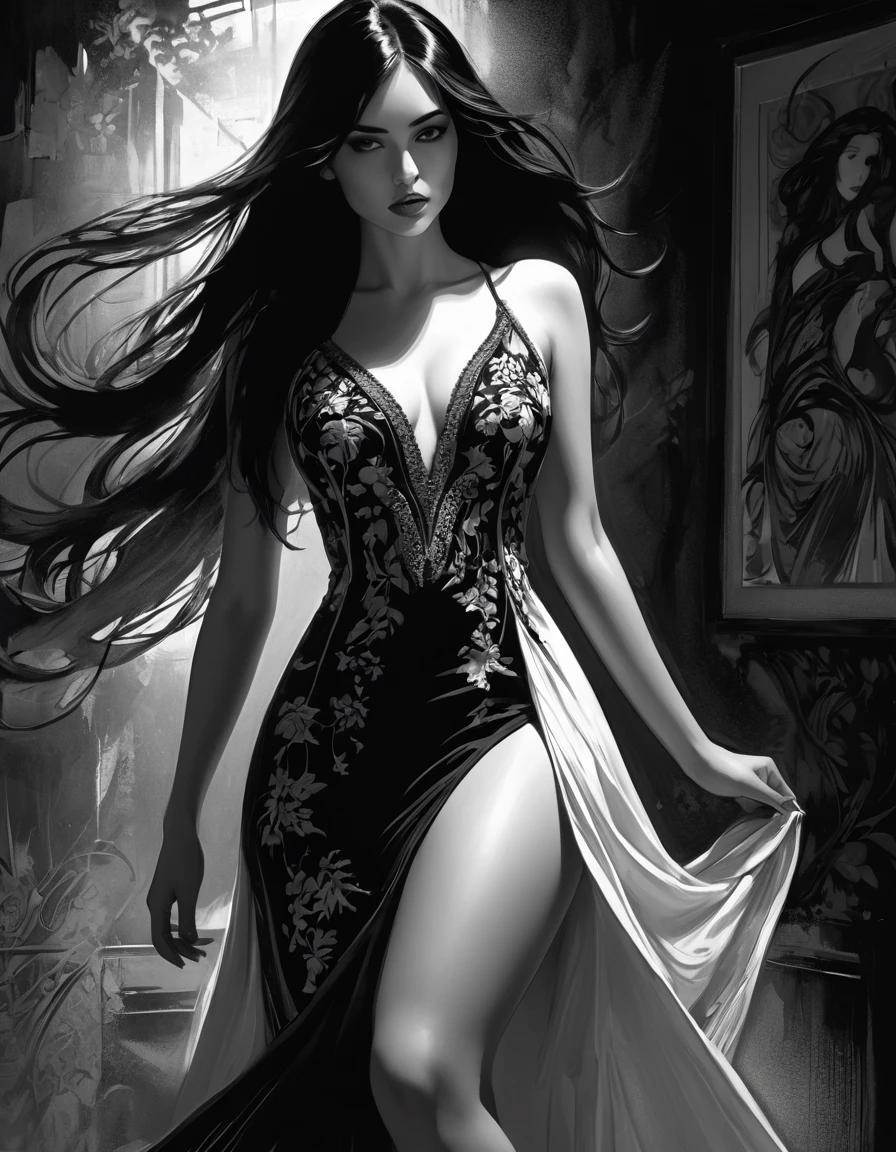 eroticism, sexy, black and white image, very curvy girl, long black hair,embroidered sexy dress, between shadows, oil painting, chiaroscuro, sensual, dramatic lighting, moody atmosphere, photorealistic, intricate details, masterpiece, ultra-detailed, high quality, 8k, best quality, realistic, cinematic, dark and brooding, expressionistic, powerful composition, emotional impact, Bill Sienkiewicz inspired art
