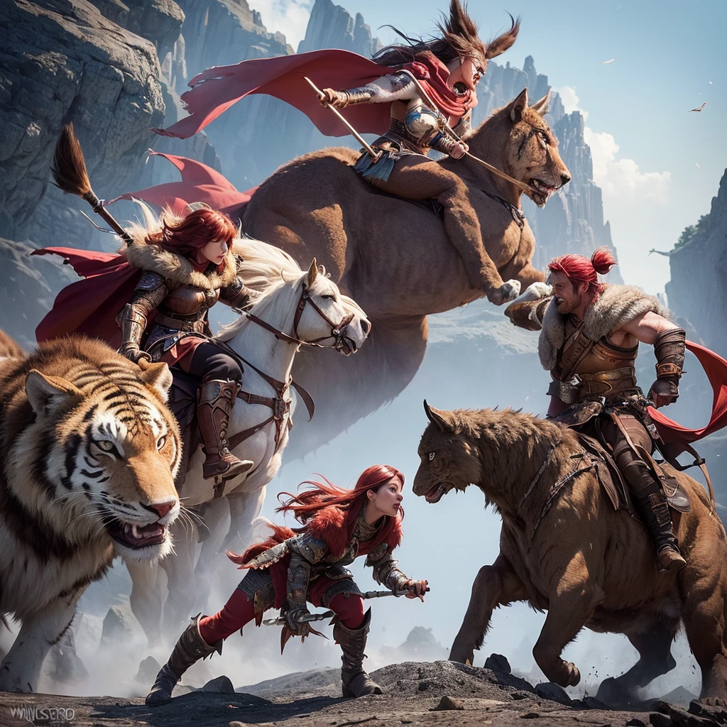 strong and powerful dungeons and dragons epic movie poster barbarian woman with cape charging into battle violent roar riding a vicious ice [wolf|tiger] beast leather and fur boots warriors and red banners (windy dust debris storm:1.1) volumetric lighting fog depth mist pass z pass great stone castle very bright morning sunlight from side