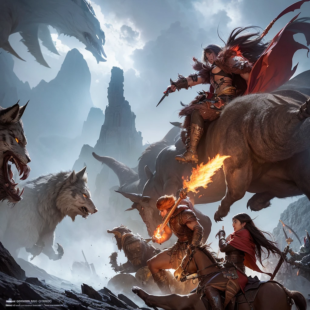 strong and powerful dungeons and dragons epic movie poster barbarian woman with cape charging into battle violent roar riding a vicious ice [wolf|tiger] beast leather and fur boots warriors and red banners (windy dust debris storm:1.1) volumetric lighting fog depth mist pass z pass great stone castle very bright morning sunlight from side