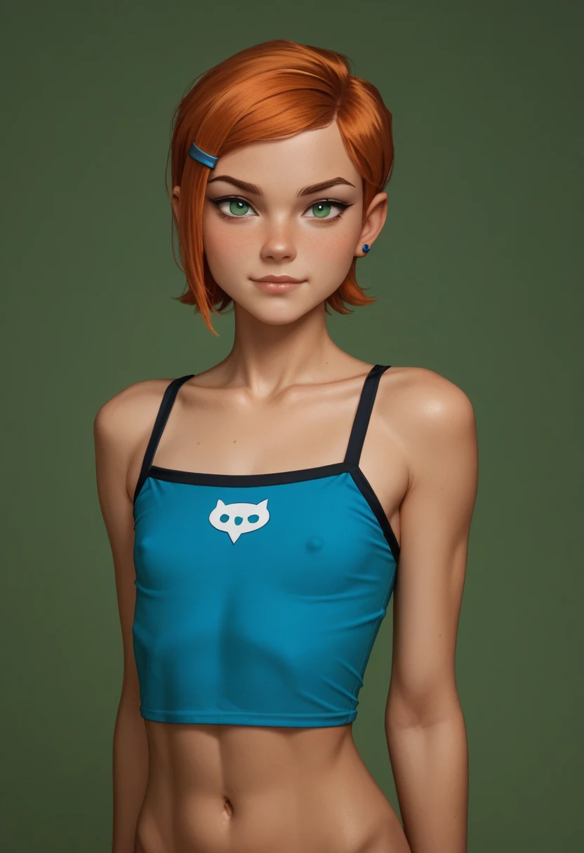 score_9, score_8_up, score_7_up,score_6_up, score_5_up, 1girl, looking at the viewer, gwen_tennyson, ben_10, 1girl, green_eyes, orange_hair, small_body, flat chest 