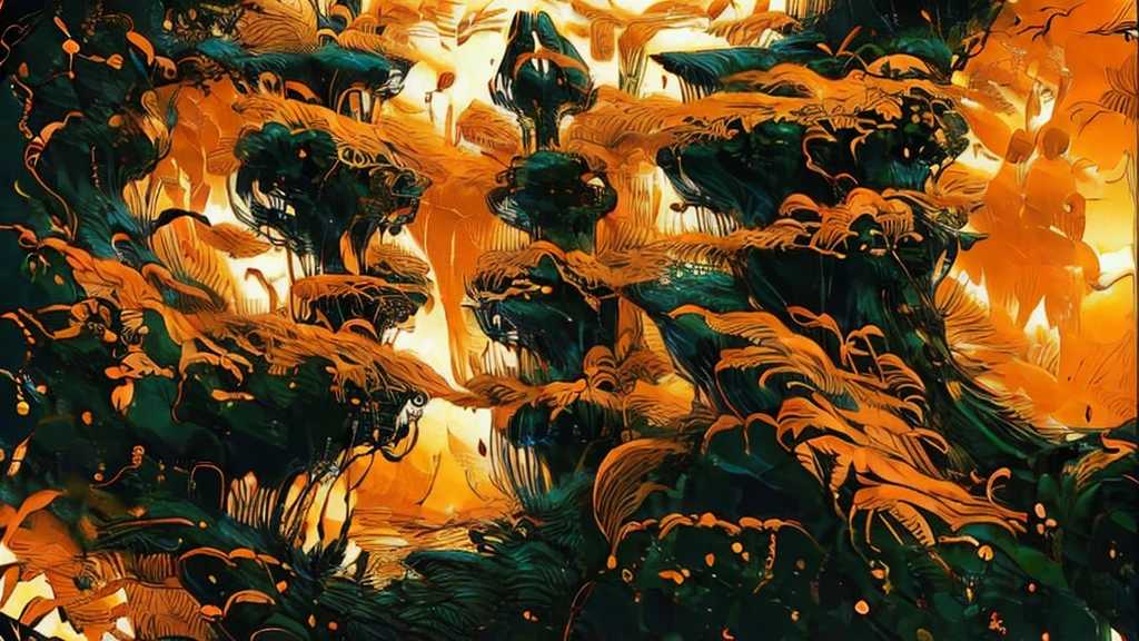 a beautiful orange forest with black details ,highly detailed , 8k high res ,with several orange flowers 