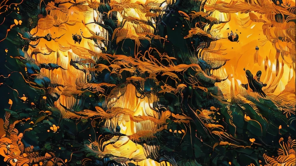 a beautiful orange forest with black details ,highly detailed , 8k high res ,with several orange flowers