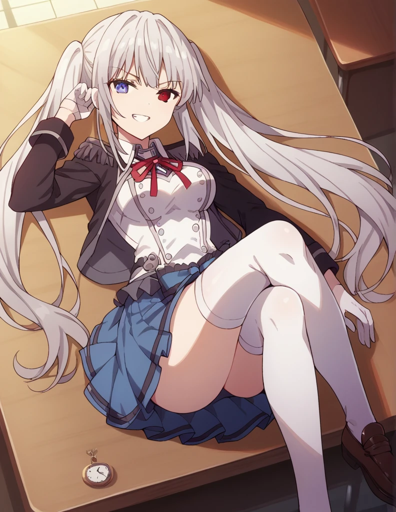 1girl, solo, long hair, breasts, medium breasts, looking at viewer, smile, clock blue eyes, , skirt, shirt, red eyes, thighhighs, gloves, long sleeves, ribbon, twintails, lying, on the desk, very long hair, black jacket, white shirt, white hair, pleated skirt, shoes, white gloves, grin, white thighhighs, red ribbon, blue skirt, neck ribbon, low twintails, heterochromia, brown footwear, crossed legs, loafers, tokisaki kurumi, in the school,