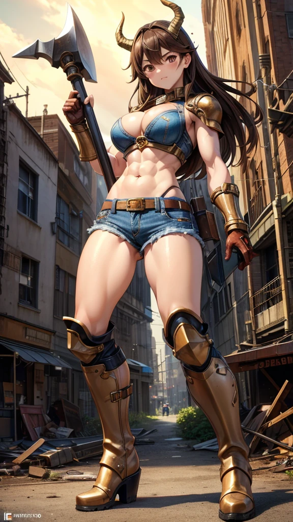 Adult woman with brown hair and horns,muscle,Abdominal muscles,metal breastplate,cleavage,Denim shorts,ushio,Bare Legs,boots,Big hammer,ruined city