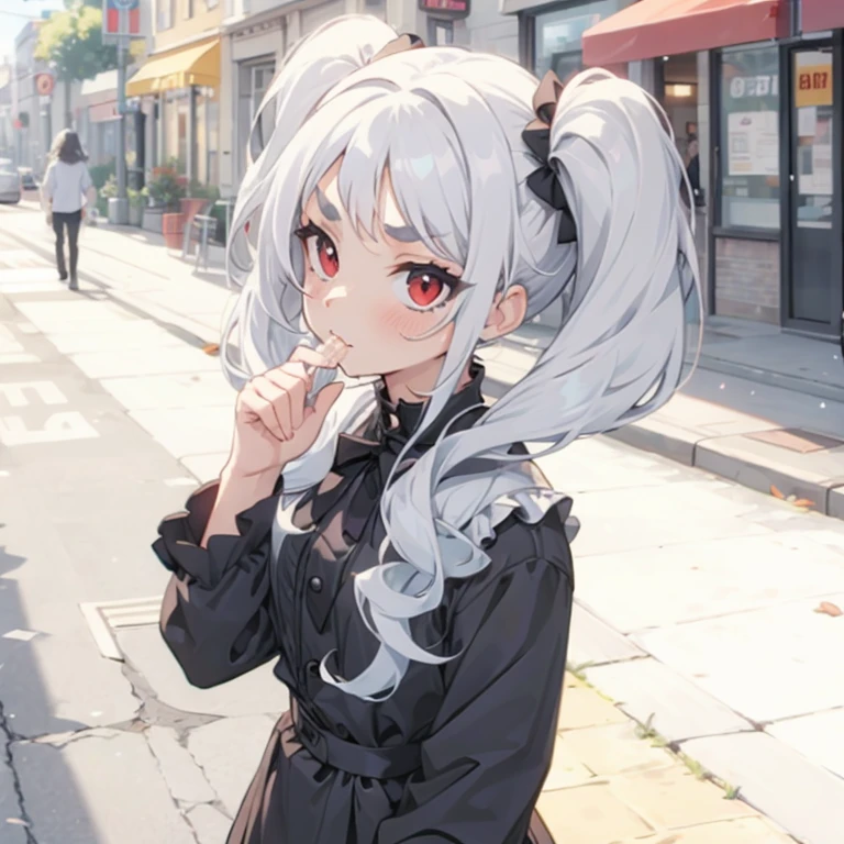 Young girl with grey hair, ((fringed and curly hair)),((curly short twintail)), curly hair ,(red eyes),, ((small bushy eyebrows)), wearing gothic lolita clothing, lolicon , walking to school, bored look, bored face,, cum bubbling out her mouth, in a street, girl giving a handjob to a naked male with a hand , standing in a street