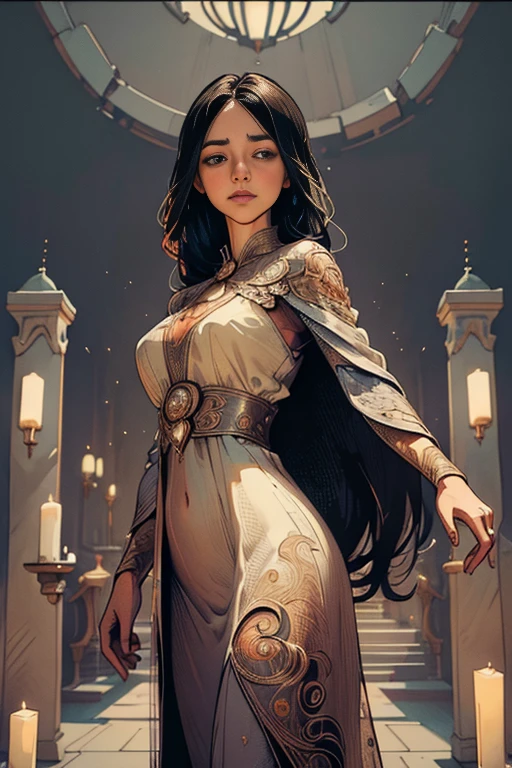 beautiful woman, perfect face, (symmetrical), beautiful lighting, centered, (close), long beautiful hair, wearing a long flowing dress, 4k, 8k, 35 mm, intricate details, incredibly detailed, Soft cinematic light, Hdr, sharp focus ,complexe, elegant, centered