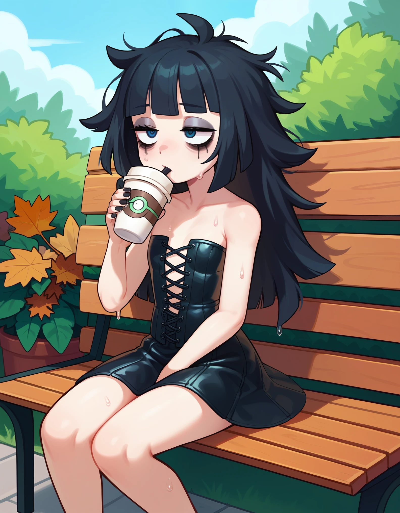 solo, gothLillie (Pokemon), leather corset, sitting, bench, outside, garden, autumn, naughty, bratty, bags under eyes, messy hair, exhausted, sweat, drinking coffee