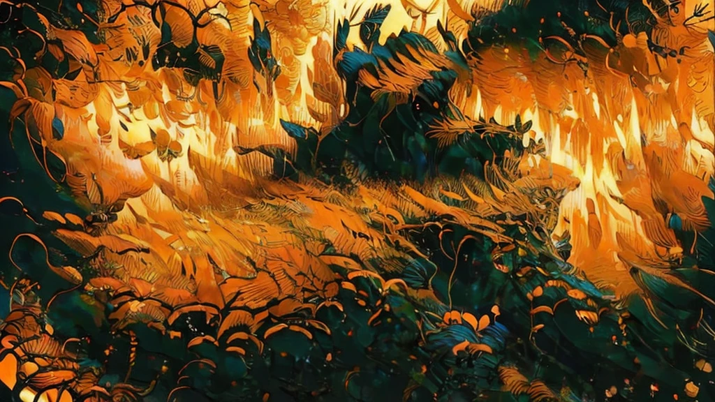 a beautiful orange forest with black details ,highly detailed , 8k high res ,with several orange flowers