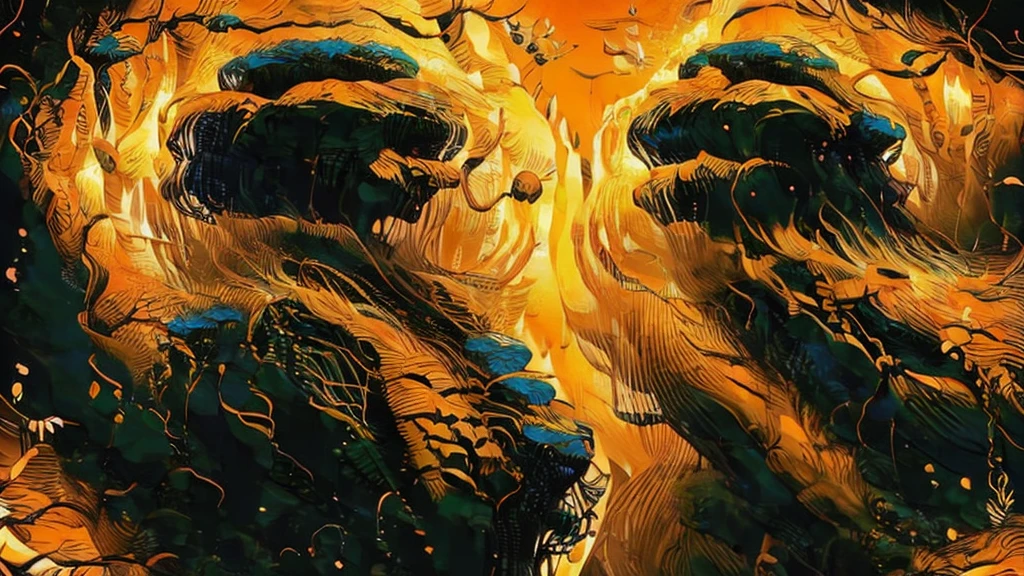 a beautiful orange forest with black details ,highly detailed , 8k high res ,with several orange flowers