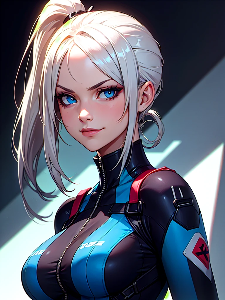 ((Portrait)), She has a Attractive, White-Haired Appearance, with Youthful Charm and a Slim Fit Build. She Expresses a Mischievous and Smug Look, Giving Off a Arrogant Attitude. She has Deep Blue Eyes, and Her Hair is Long and Tousled, Tied in a High Ponytail, with Uneven Strands. She Wears an Oversized, Sleeveless Street Jumpsuit, with Tactical Straps and Cutout On Both Sides of Her Bust, Emphasizing Her Breasts. ((Portrait, HDR, Dark Background))