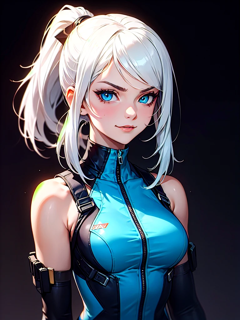 ((Portrait)), She has a Attractive, White-Haired Appearance, with Youthful Charm and a Slim Fit Build. She Expresses a Mischievous and Smug Look, Giving Off a Arrogant Attitude. She has Deep Blue Eyes, and Her Hair is Long and Tousled, Tied in a High Ponytail, with Uneven Strands. She Wears an Oversized, Sleeveless Street Jumpsuit, with Tactical Straps and Cutout On Both Sides of Her Bust, Emphasizing Her Breasts. ((Portrait, HDR, Dark Background))