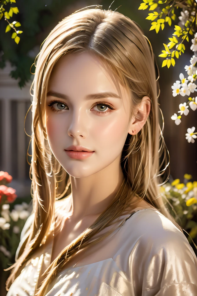 best quality,photorealistic,portrait,beautiful detailed eyes,beautiful detailed lips,blonde girl,garden background,delicious steak,top-quality restaurant,medium:oil paintings,soft lighting,vibrant colors,warm colour tones