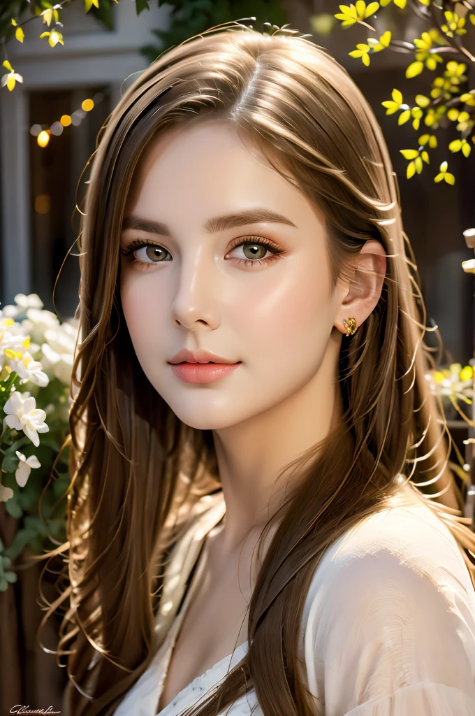 best quality,photorealistic,portrait,beautiful detailed eyes,beautiful detailed lips,blonde girl,garden background,delicious steak,top-quality restaurant,medium:oil paintings,soft lighting,vibrant colors,warm colour tones
