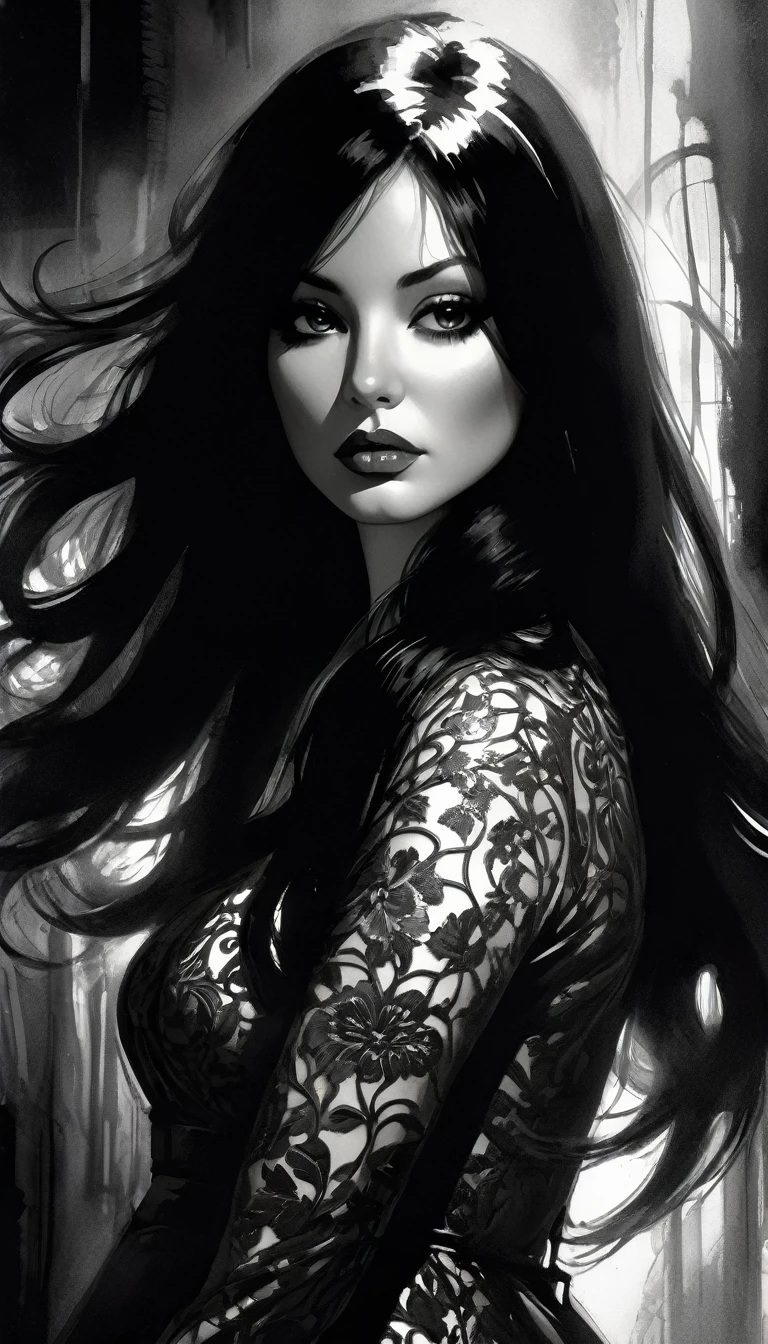 eroticism, sexy, black and white image, very curvy girl, long black hair,embroidered sexy dress, between shadows, oil painting, chiaroscuro, sensual, dramatic lighting, moody atmosphere, photorealistic, intricate details, masterpiece, ultra-detailed, high quality, 8k, best quality, realistic, cinematic, dark and brooding, expressionistic, powerful composition, emotional impact, Bill Sienkiewicz inspired art
