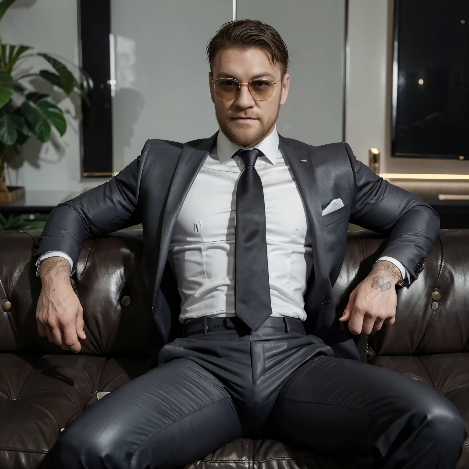 smiling conor mcgregor in shades, 30 years old,daddy,"shiny suit",wear white shirt, very shiny pants, necktie, waistcoat, shiny satin pants,dark gray satin fabric ,Daddy sit on the couch,  k hd,in the office,"big muscle" ,Bblack hair,Asian guy,masculine,man strong,the boss is,bonitas,,leather gloves,lewd father,Look ahead,dad is bonitas,dad is bonitas, dad is "horny daddy"