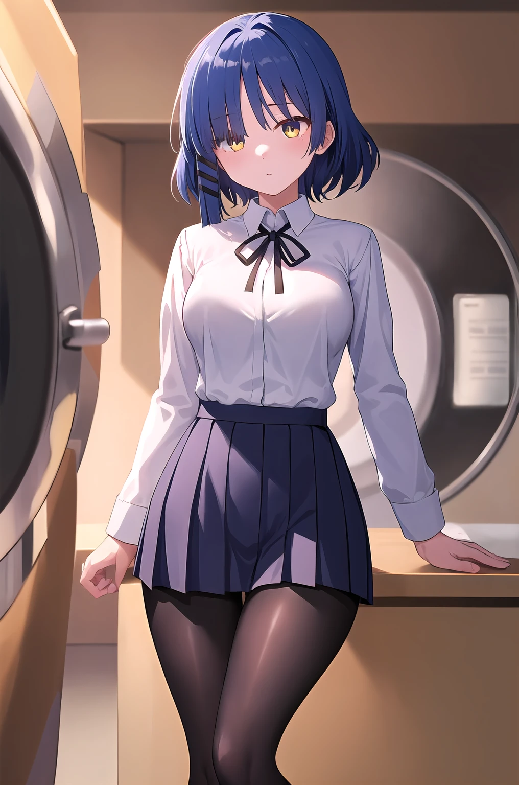 masterpiece, best quality, ultra-high-detailed, 1girl, white shirt, neck ribbon, short over long sleeves, pleated skirt, black pantyhose micro tanding、(Expressionless:1.3), Wide Hips, Thick thighs, (Thigh Gap:1.2), （Big Breasts:1.4),a room、（Wearing a collar）、（Being connected by a lead、）（squat:1.4)