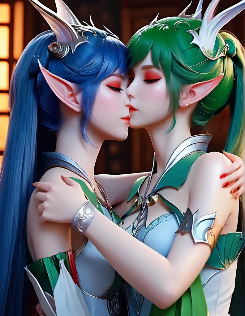 Lewd elf wemon plesurung eachothers mouth and as lovers with deep lust in a river at night under a full moon