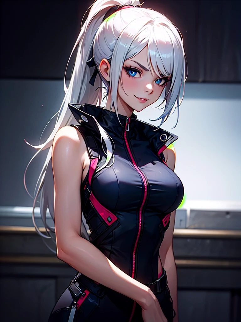 ((Portrait)), She has a Attractive, White-Haired Appearance, with Youthful Charm and a Slim Fit Build. She Expresses a Mischievous and Smug Look, Giving Off a Arrogant Attitude. She has Deep Blue Eyes, and Her Hair is Long and Tousled, Tied in a High Ponytail, with Uneven Strands. She Wears an Oversized, Sleeveless Street Jumpsuit, with Tactical Straps and Cutout On Both Sides of Her Bust, Emphasizing Her Breasts. ((Portrait, HDR, Dark Background))