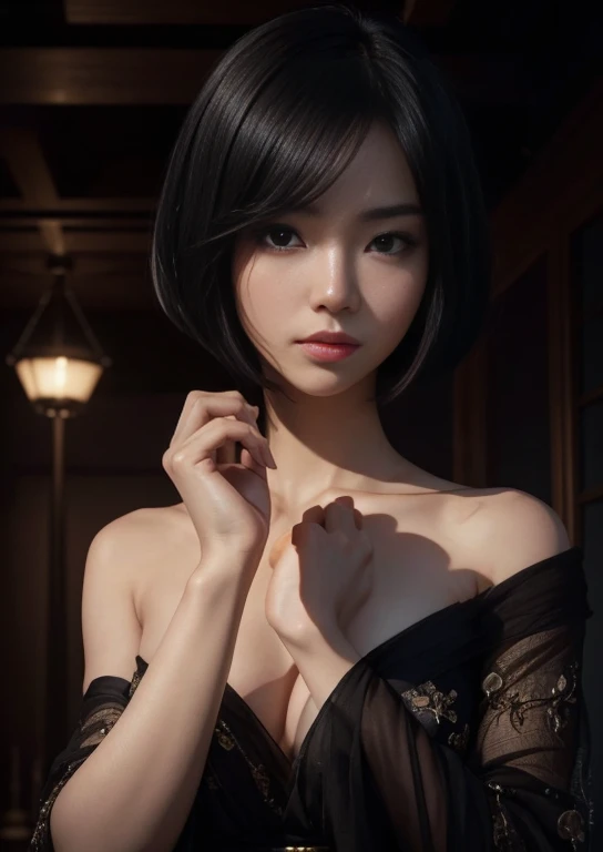 (Best quality, 8k, 32k, Masterpiece, UHD:1.2) "Generate a captivating artwork featuring a young Japanese girl model with short, sleek black hair styled in a chic bob haircut. Envision her bathed in dramatic cinematic lighting, creating an atmosphere of allure and mystery. Emphasize a romantic aesthetic vibe, showcasing the model in a poised and elegant pose that evokes a sense of intimacy and sophistication. Utilize warm and soft tones to enhance the romantic ambiance, and consider incorporating elements like flowing fabrics or flowers to add a touch of ethereal beauty. Capture the essence of romance and beauty through the model's expression, the play of light and shadows, and the overall aesthetic, creating a visually compelling and emotionally resonant piece." (perfect eyes), flawless skin, flawless face, cinematic, tight body, ((well-proportion female hands)), ((female hands with five digits))