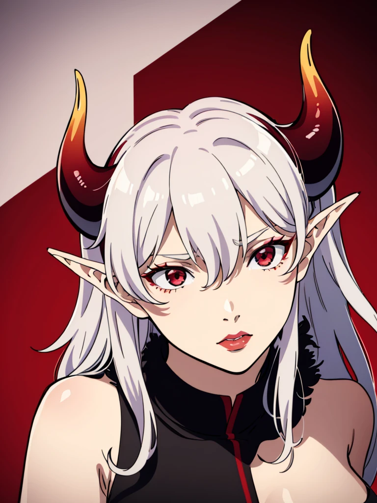 ((1adult woman,solo,milf,mature female)),red eyes,red lipstick,horns,white hair,long hair,black dress,elf ears,(((hair over one eye))),portrait,serious,
