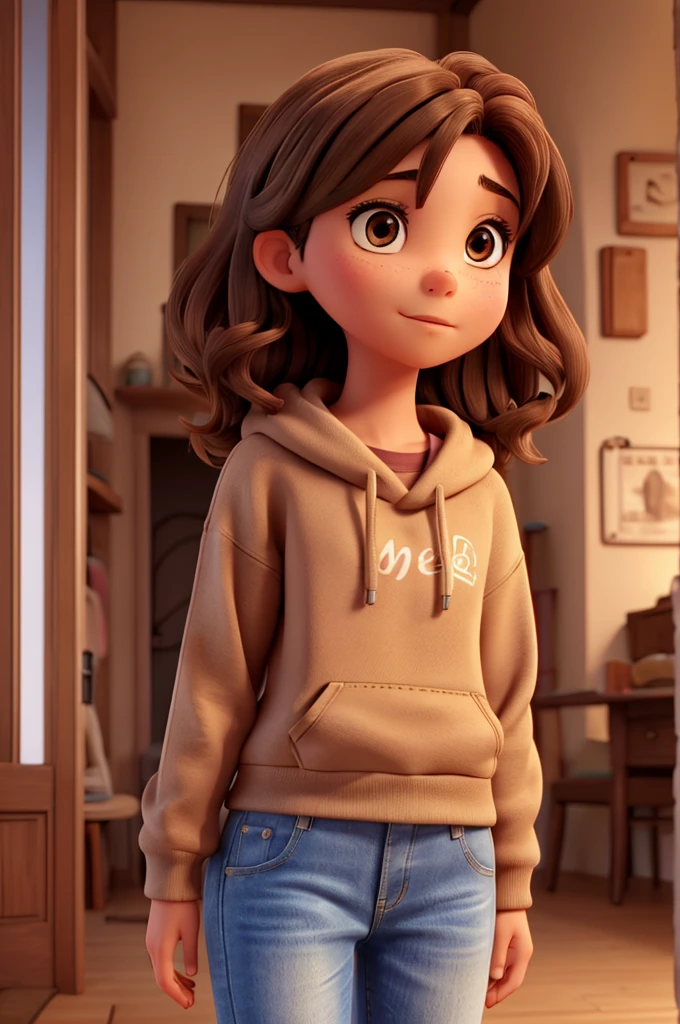 Brown eyes Brown hair Average height In a sweatshirt Loose flower jeans Medium hair