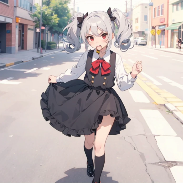 Young girl with grey hair, ((fringed and curly hair)),((curly short twintail)), curly hair ,(red eyes),, ((small bushy eyebrows)), wearing gothic ta clothing, loli, walking to school, bored look, bored face,, cum bubbling out her mouth, in a street, girl giving a handjob to a naked male with a hand , standing in a street, (girl masturbating a penis, she standing)