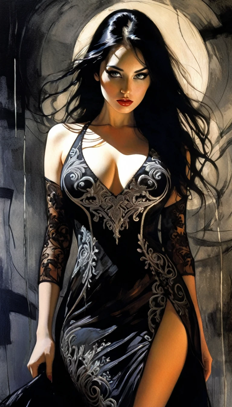 sm, sexy, bk and white image, very curvy girl, long black hair,embroidered sexy dressetween shadows, oil painting, chiaroscuro, sensual, dramatic lighting, moody atmosphere, photorealistic, intricate details, masterpiece, ultra-detailed, high quality, 8k, best quality, realistic, cinematic, dark and brooding, expressionistic, powerful composition, emotional impact, Bill Sienkiewicz inspired art