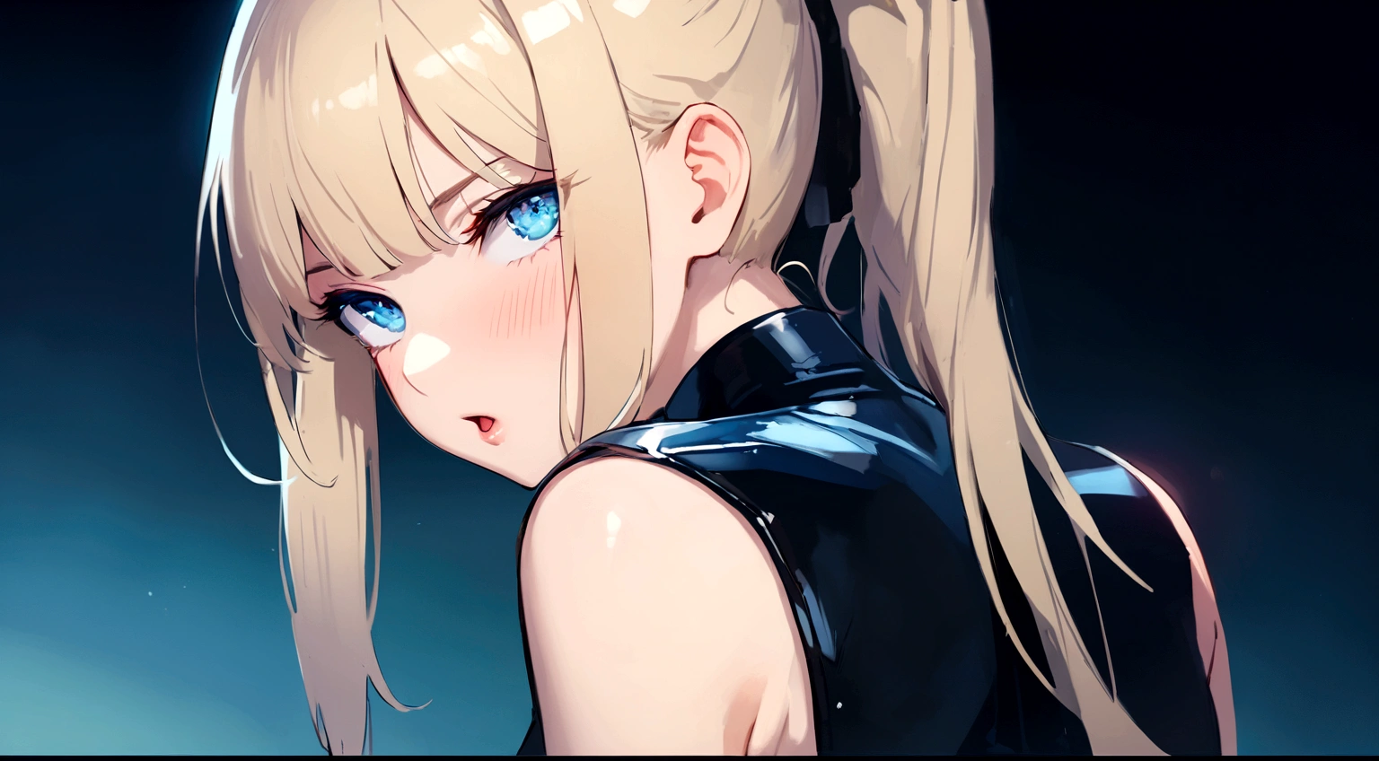 Sleeveless、'No sleeve'恥ずかしい、Embarrassed、Only the face、Face Up、1 person、No sleeve、Ahegao、ponytail、blonde、amount、Blue Leather Shirt、Sara、No sleeve、best quality, super fine illustration,(((beautiful fine hair))),(((beautiful fine face))),(((beautiful fine background))),blue-black leather pants, silver zipper,belt below the waist,super fine illustration,(((beautiful fine hair))),(((beautiful fine face))),(((beautiful fine background))),normal small size,bangs bangs ,(((beautiful fine hair))),(((beautiful fine face))),(((beautiful fine background))),blond hair , showing forehead, silver center zipper, leather blue black bodysuit, sleevelesblue blacks, shiny, blonde ponytail