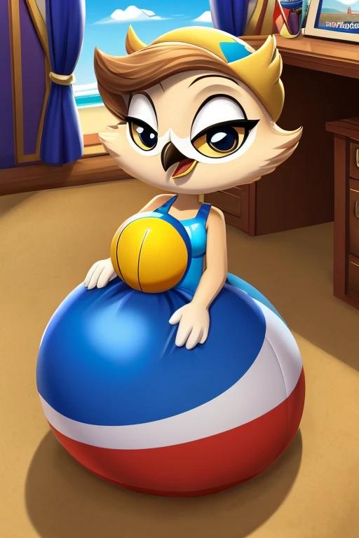Zan Owlson, a smart and alluring female anthropomorphic owl lady from the 2017 DuckTales Reboot Series, and wearing her blue swimsuit, is sitting on her giant stripe beach ball in her private mayor's office. Zan Owlson use ten push pins to poke tiny holes in her beach ball she's sitting on, causing it to deflate under her feathered bottom.