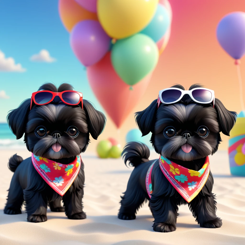 2 Adorable small black Shih Tzu puppies wearing bright bandannas and sunglasses zoomies Disney background 3d cartoon 3d render disney pixar style