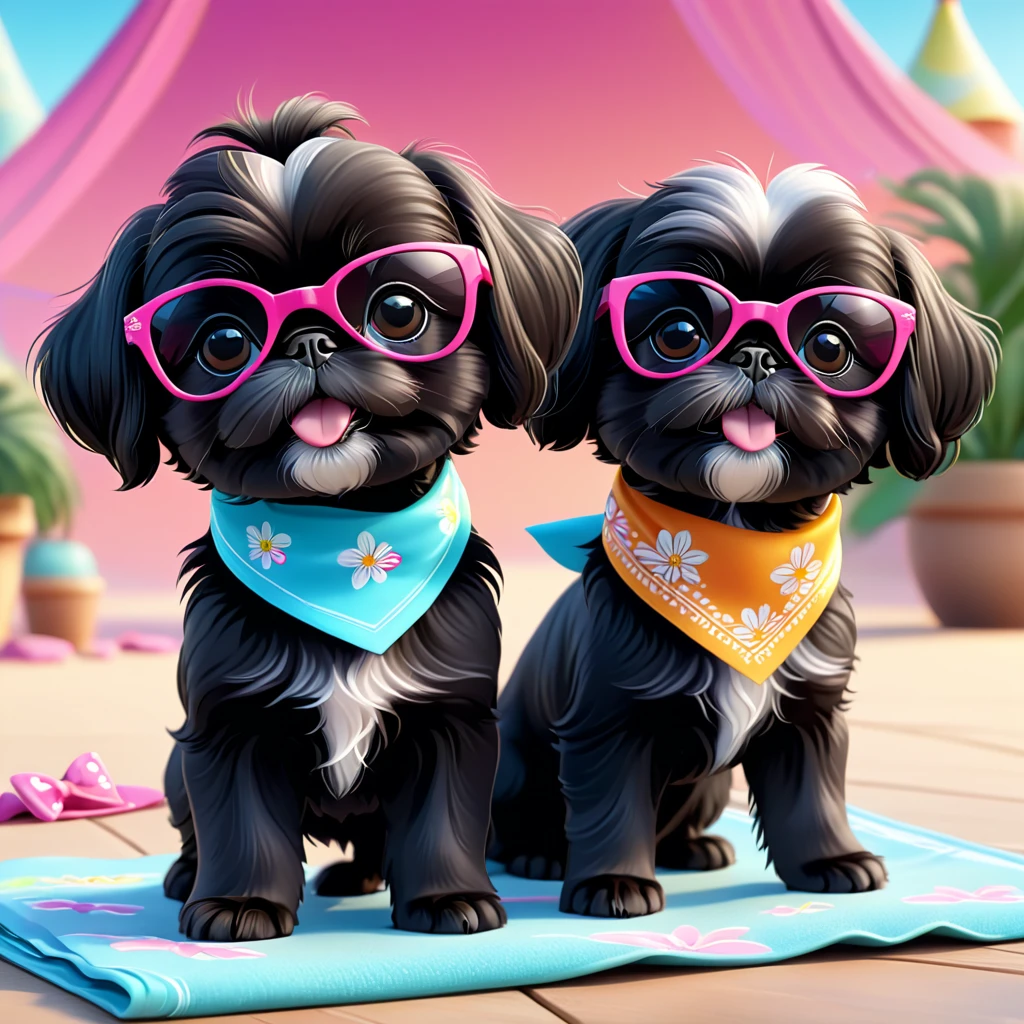 2 Adorable small black Shih Tzu puppies wearing bright bandannas and sunglasses zoomies Disney background 3d cartoon 3d render disney pixar style