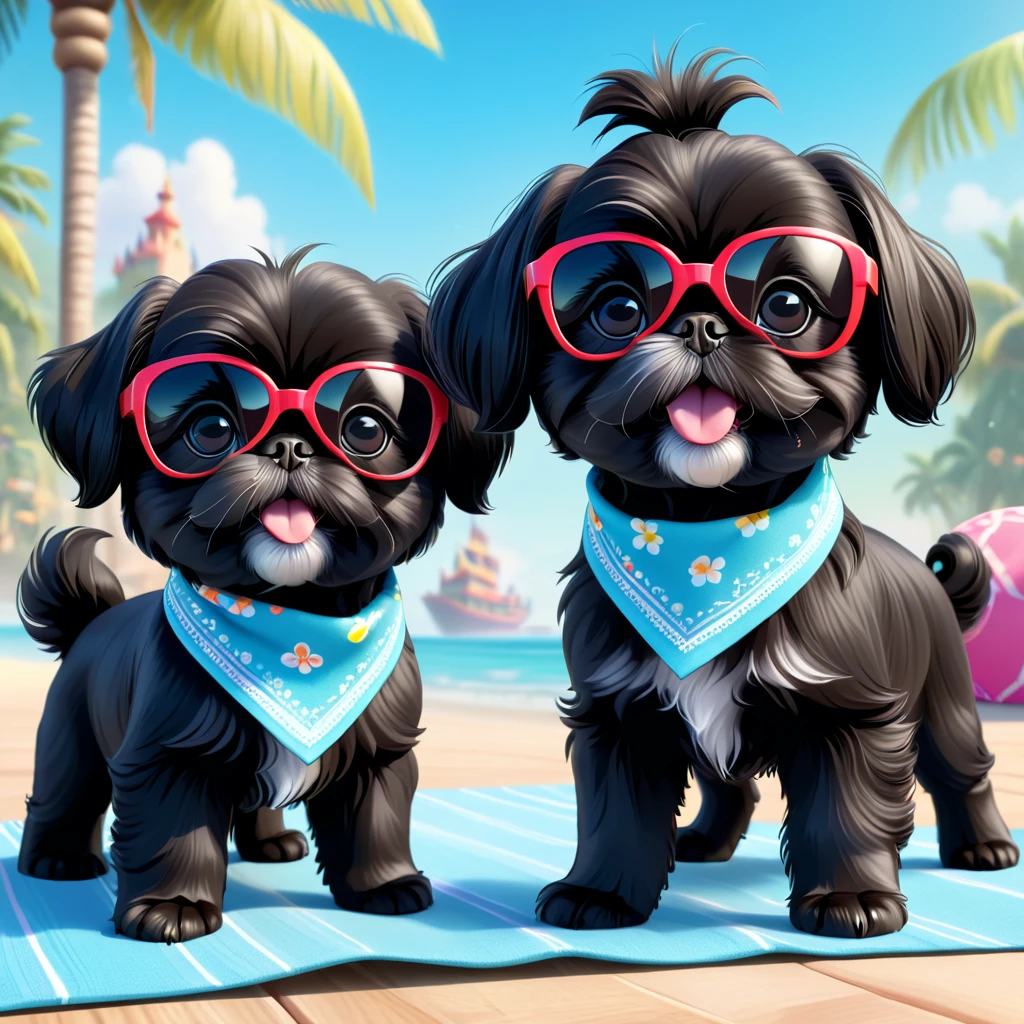 2 Adorable small black Shih Tzu puppies wearing bright bandannas and sunglasses zoomies Disney background 3d cartoon 3d render disney pixar style