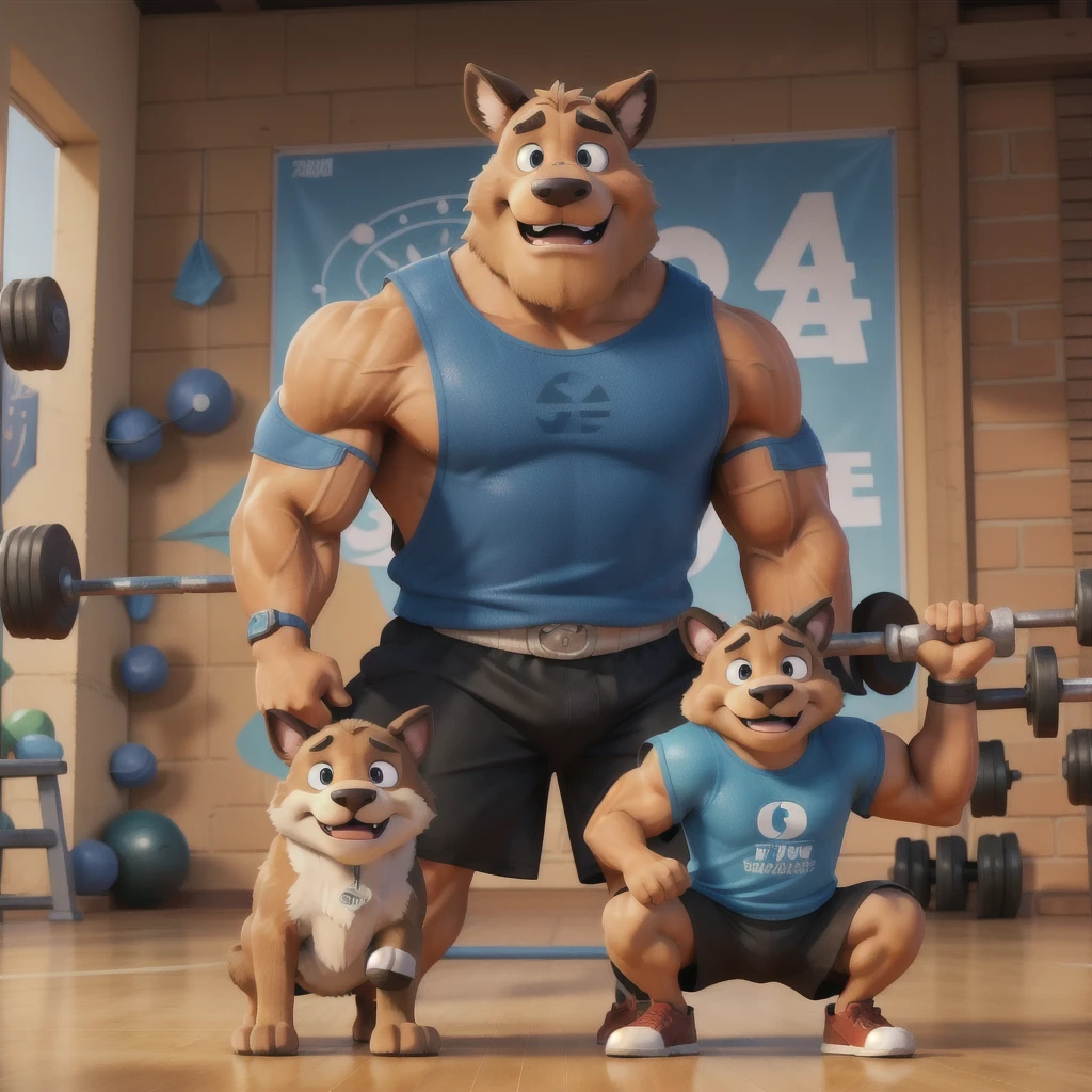3D poster inspired by Pixar capturing a scene with a tall, Athletic and Strong anthromorphic caucasian sheph
erd 28-year-old dog, Wearing a fitness tank, wristbands and black gymshorts, in the middle of his gym. He is focused on engaging with his Leg Press 45º machine , showcasing his joy in teaching weightlifting to his 3 students. The gym equipment in the background adds depth to the scene. Typography in Pixar animation style anthromorphic for the title of the image 'CAUCAISIAN SHEPHERD DOG' on the top.