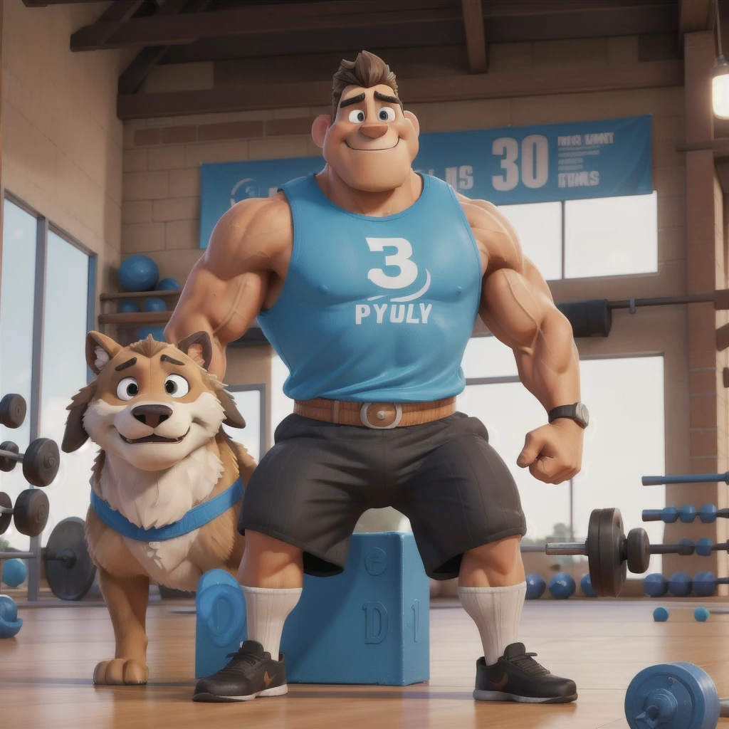 3D poster inspired by Pixar capturing a scene with a tall, Athletic and Strong anthromorphic caucasian sheph
erd 28-year-old dog, Wearing a fitness tank, wristbands and black gymshorts, in the middle of his gym. He is focused on engaging with his Leg Press 45º machine , showcasing his joy in teaching weightlifting to his 3 students. The gym equipment in the background adds depth to the scene. Typography in Pixar animation style anthromorphic for the title of the image 'CAUCAISIAN SHEPHERD DOG' on the top.